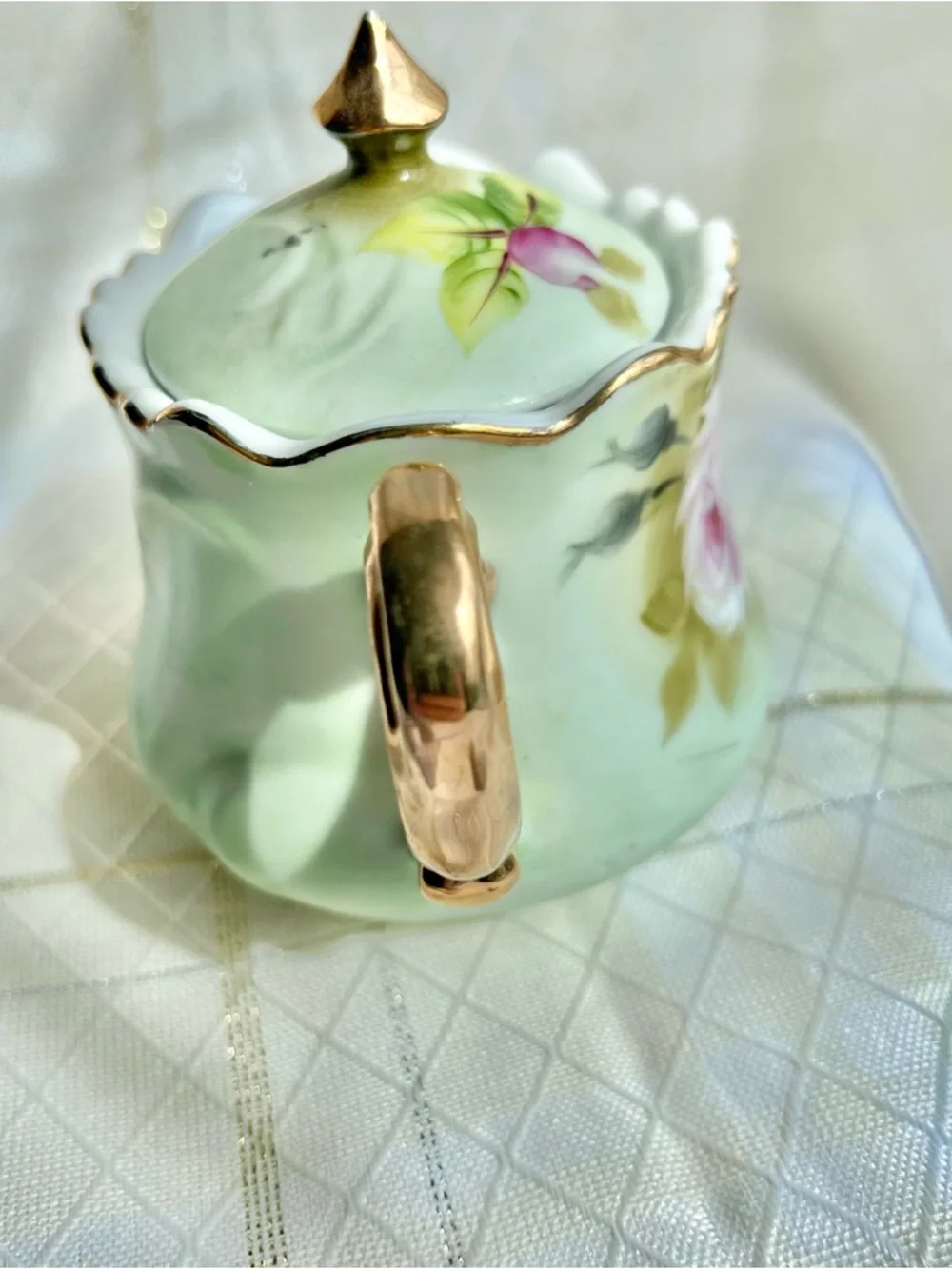 LEFTON Vintage China Hand Painted Floral Porcelain Sugar Bowl and Gilded Handles